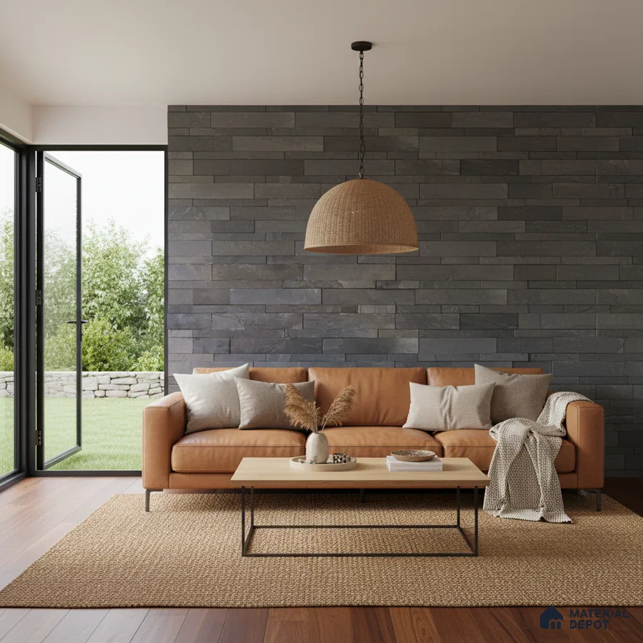 Scandinavian living room with grey stone cladding wall, tan leather sofa, and wooden flooring in Bengaluru