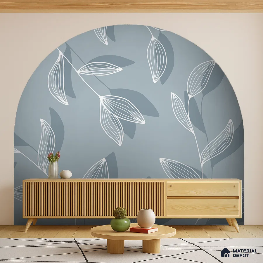 Scandinavian living room with light oak louvered console and blue botanical patterned wallpaper in Bengaluru