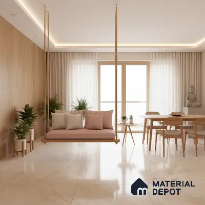 Scandinavian living room with light oak wall panels, marble look floor tiles, and pastel swing seating in Bengaluru