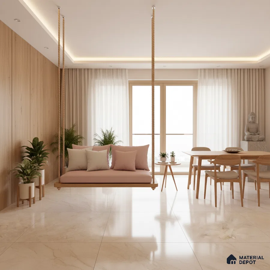 Scandinavian living room with light oak wall panels, marble look floor tiles, and pastel swing seating in Bengaluru