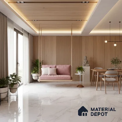 Scandinavian living room with light oak wood panels, marble-look floor tiles, and pastel swing seating in Bengaluru