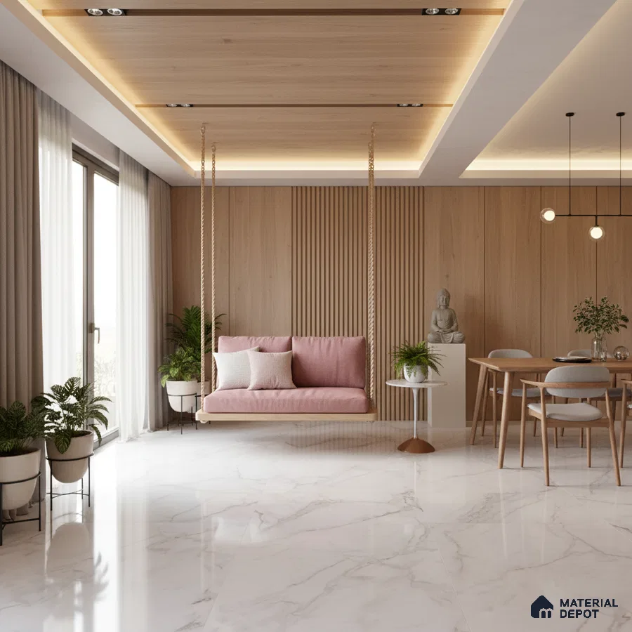 Scandinavian living room with light oak wood panels, marble-look floor tiles, and pastel swing seating in Bengaluru