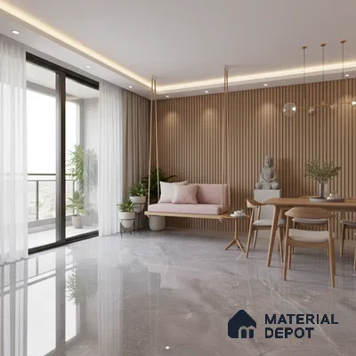 Scandinavian living room with light wood fluted wall panels and glossy grey marble floor tiles in Bengaluru