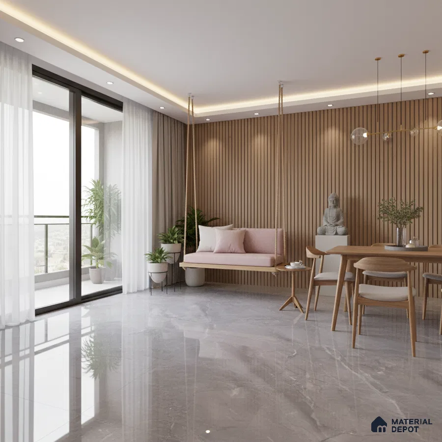 Scandinavian living room with light wood fluted wall panels and glossy grey marble floor tiles in Bengaluru