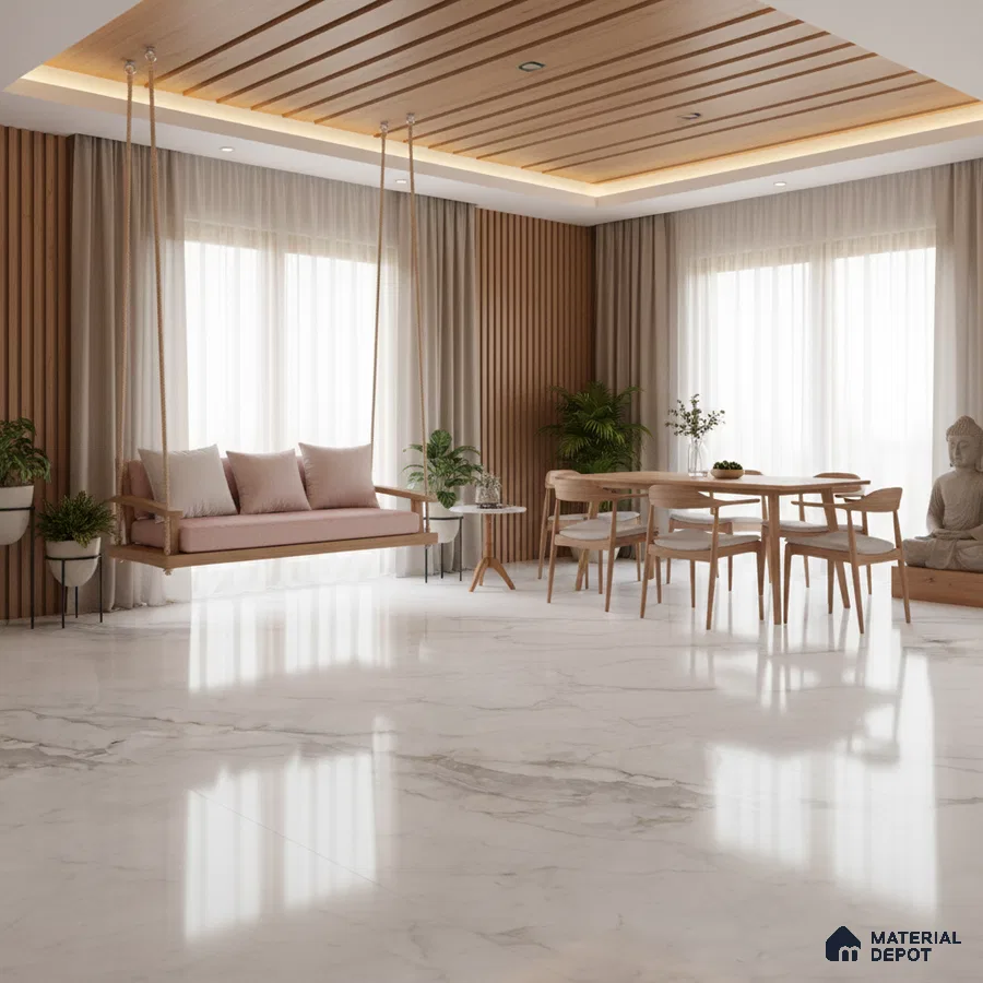 Scandinavian living room with marble floor tiles and oak wood louvers in Bengaluru