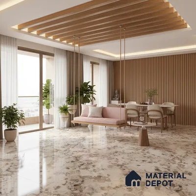 Scandinavian living room with marble look floor tiles and wooden fluted wall panels in Bengaluru