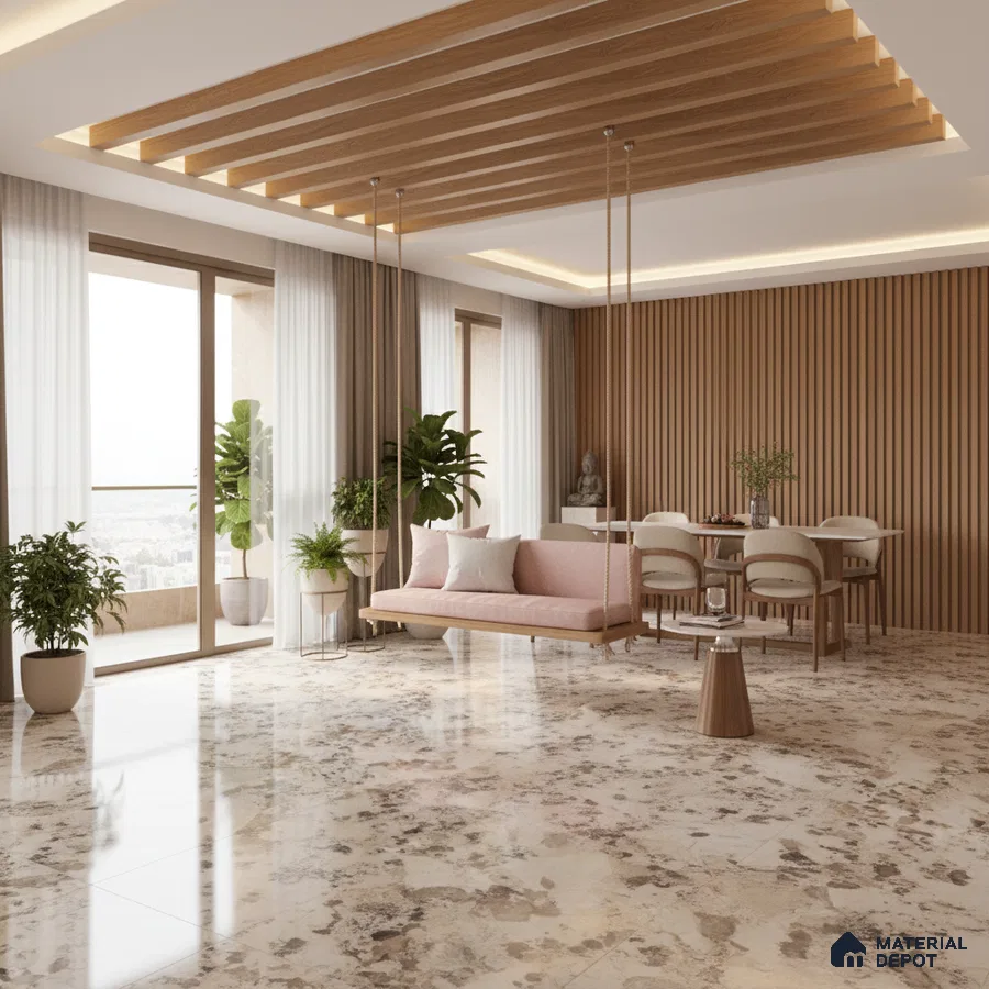 Scandinavian living room with marble look floor tiles and wooden fluted wall panels in Bengaluru