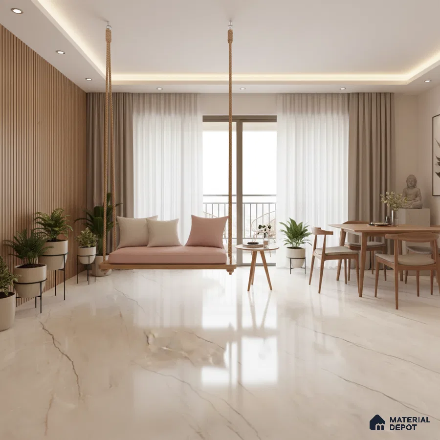 Scandinavian living room with marble-look floor tiles and oak wood fluted wall panels in Bengaluru
