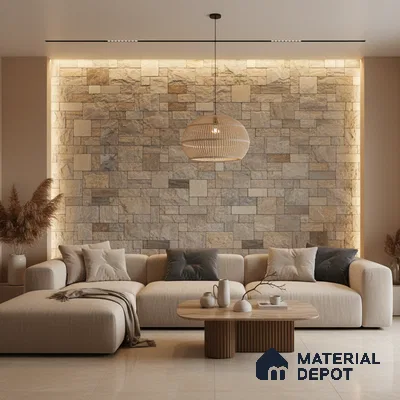 Scandinavian living room with natural stone cladding accent wall and beige ceramic floor tiles in Bengaluru