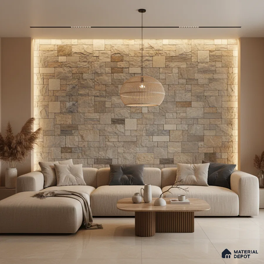Scandinavian living room with natural stone cladding accent wall and beige ceramic floor tiles in Bengaluru