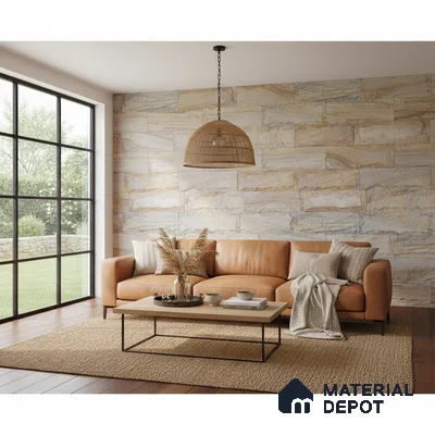 Scandinavian living room with natural stone cladding wall and tan leather sofa in Bengaluru