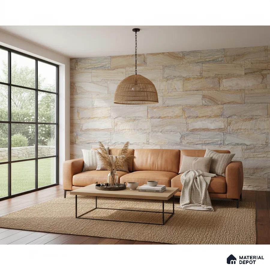 Scandinavian living room with natural stone cladding wall and tan leather sofa in Bengaluru