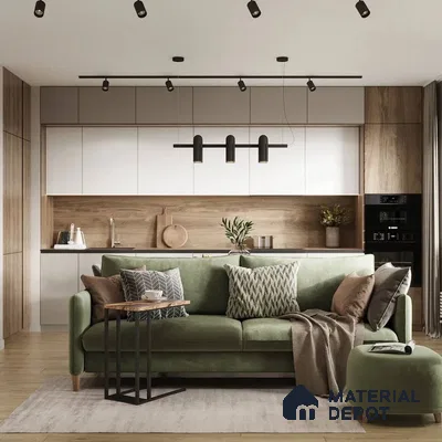 Scandinavian Living Room with Natural Wood and Olive Green Accents | Material Depot