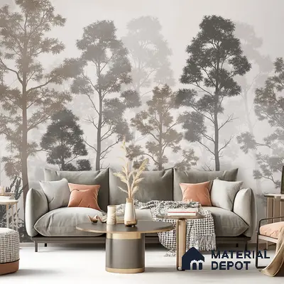 Scandinavian living room with nature-inspired wallpaper and suede upholstered sofa in Bengaluru
