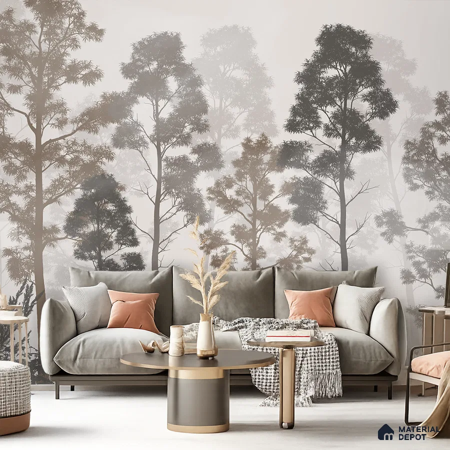 Scandinavian living room with nature-inspired wallpaper and suede upholstered sofa in Bengaluru