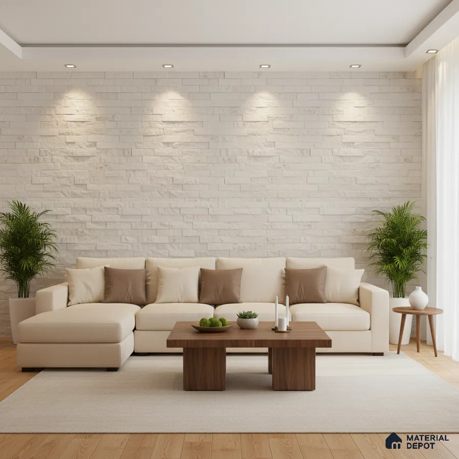 Scandinavian living room with off-white stone cladding wall and natural oak wooden flooring in Bengaluru