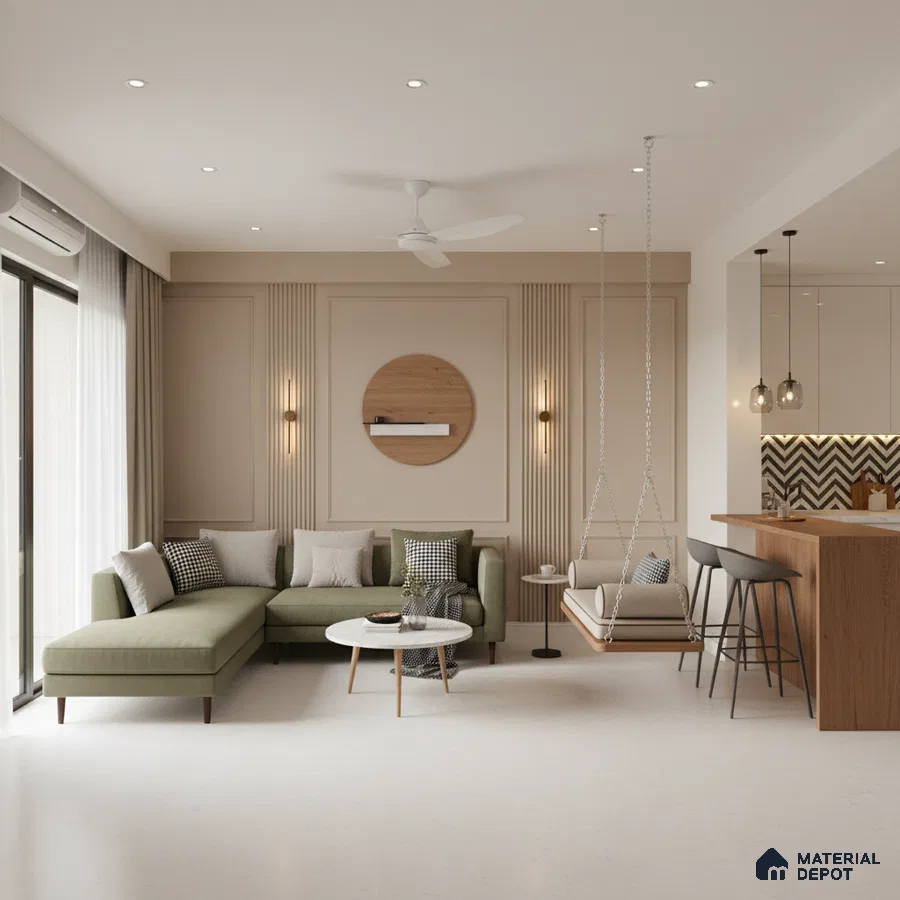 Scandinavian living room with olive green fabric sofa, beige wall panels, and natural wood accents in Bengaluru