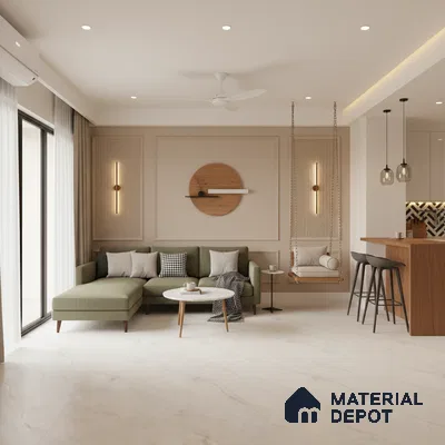 Scandinavian living room with olive green fabric sofa, white marble look floor tile, and wood accent panel in Bengaluru