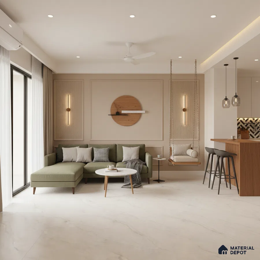 Scandinavian living room with olive green fabric sofa, white marble look floor tile, and wood accent panel in Bengaluru