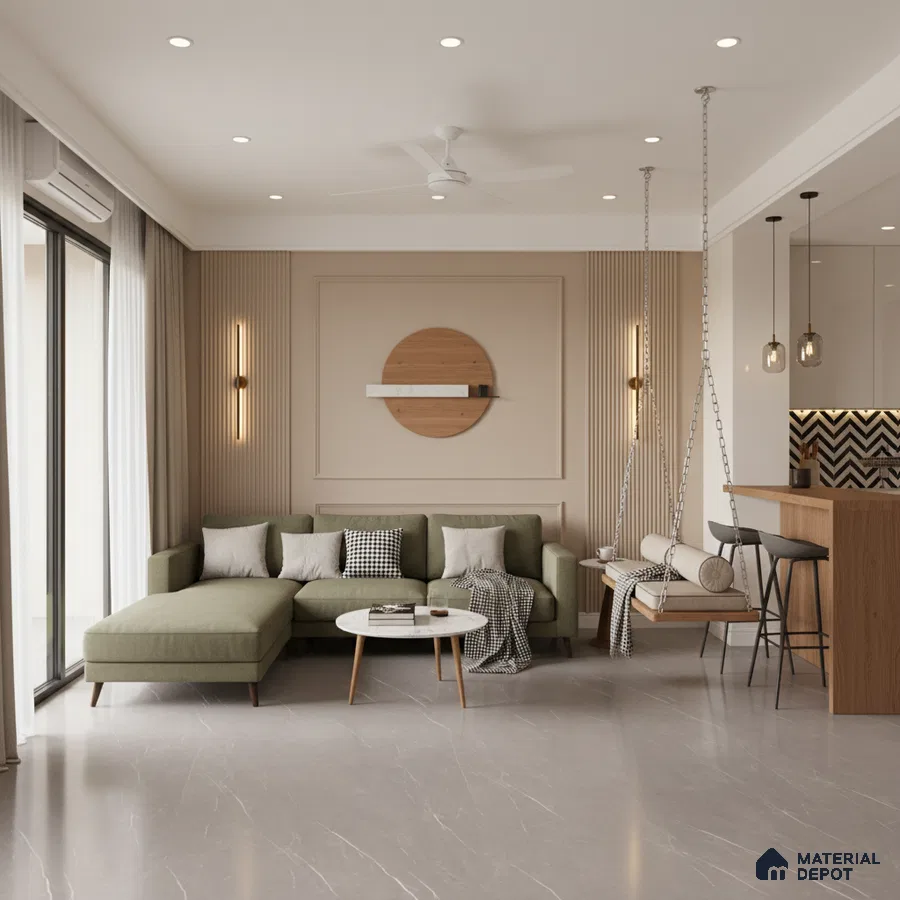 Scandinavian living room with olive green sofa, beige fluted wall panels, and light grey marble floor tiles in Bengaluru