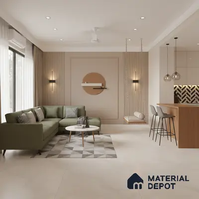 Scandinavian living room with olive green sofa, beige marble floor tiles, and wood fluted wall panels in Bengaluru