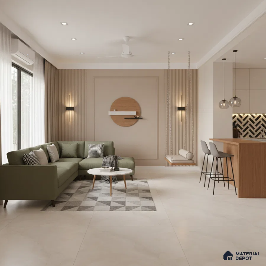 Scandinavian living room with olive green sofa, beige marble floor tiles, and wood fluted wall panels in Bengaluru