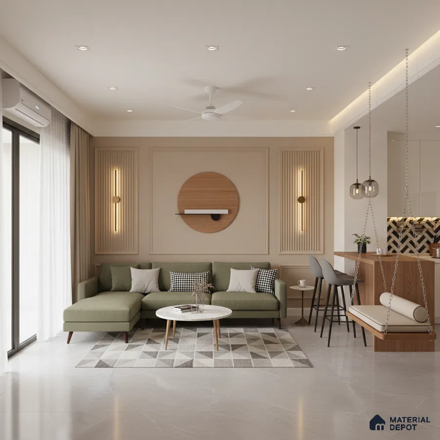 Scandinavian living room with olive green sofa, beige wall panels, and marble floor tiles in Bengaluru