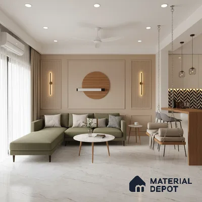 Scandinavian living room with olive green sofa, beige wall panels, and white marble floor tile in Bengaluru