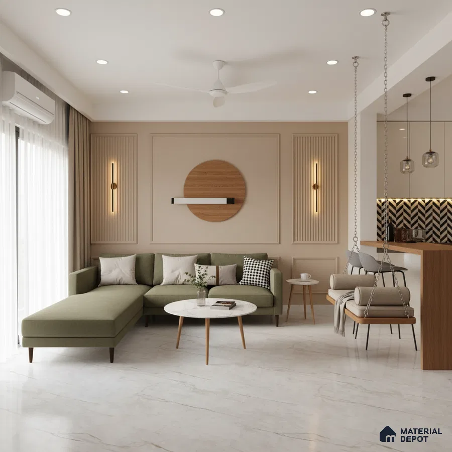 Scandinavian living room with olive green sofa, beige wall panels, and white marble floor tile in Bengaluru