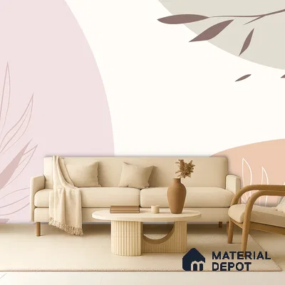 Scandinavian living room with pastel abstract wallpaper, beige fabric sofa, and light wood coffee table in Bengaluru