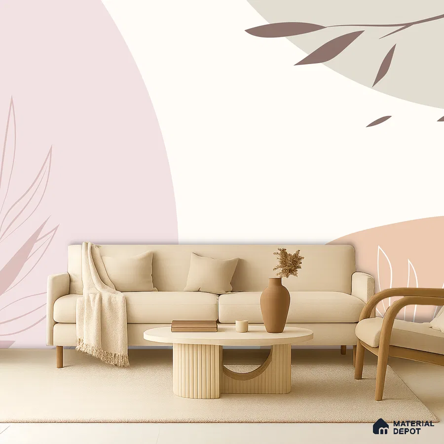 Scandinavian living room with pastel abstract wallpaper, beige fabric sofa, and light wood coffee table in Bengaluru