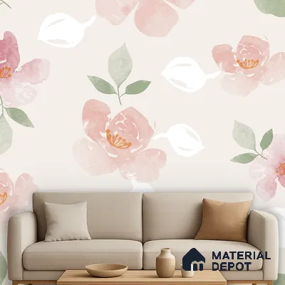 Scandinavian living room with pastel floral wallpaper and beige fabric sofa in Bengaluru