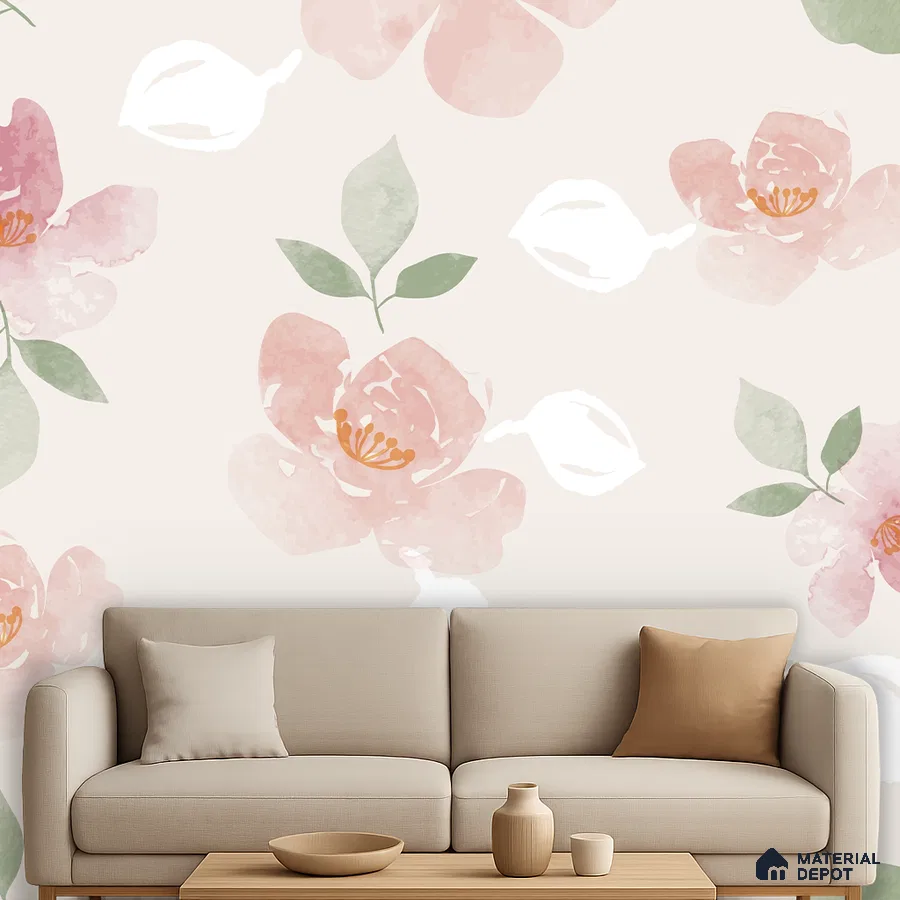Scandinavian living room with pastel floral wallpaper and beige fabric sofa in Bengaluru