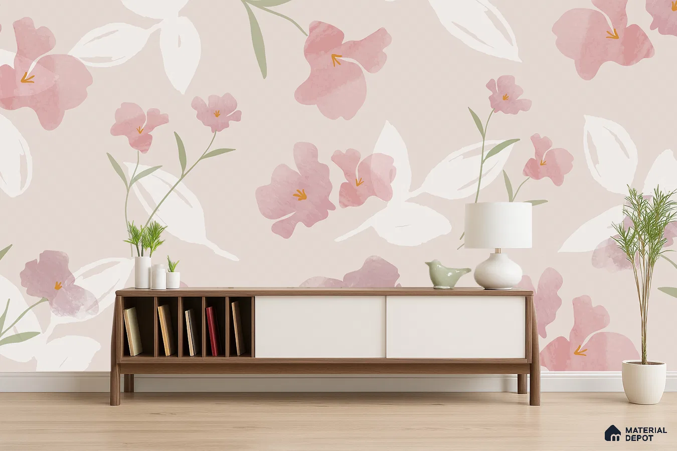 Scandinavian living room with pastel floral wallpaper and light wood laminate flooring in Bengaluru