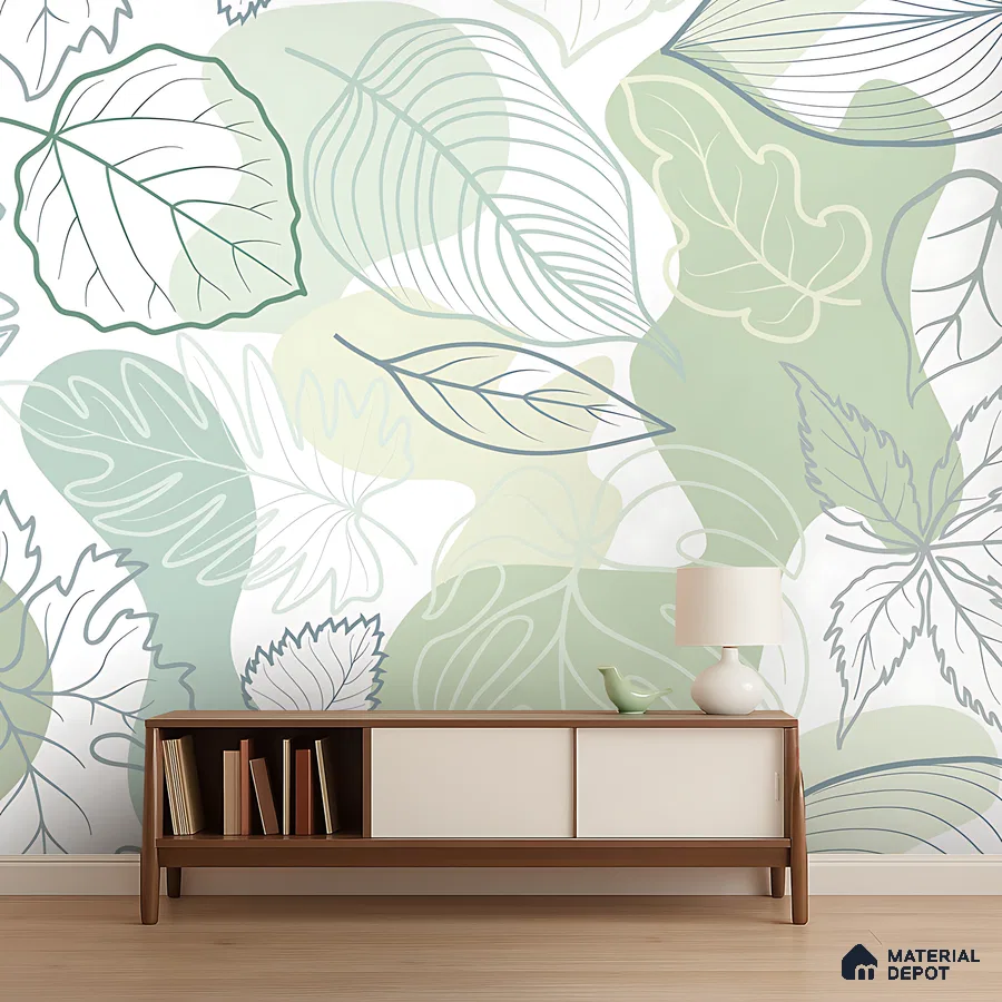 Scandinavian living room with pastel green leaf patterned wallpaper and walnut wood console in Bengaluru