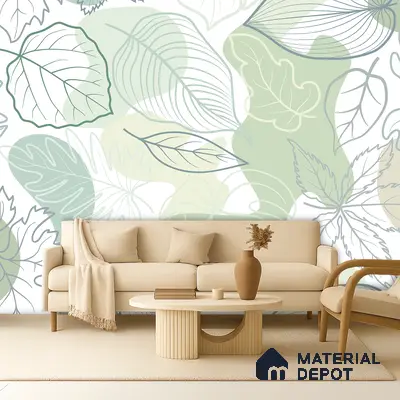 Scandinavian living room with pastel leaf patterned wallpaper and beige upholstery in Bengaluru
