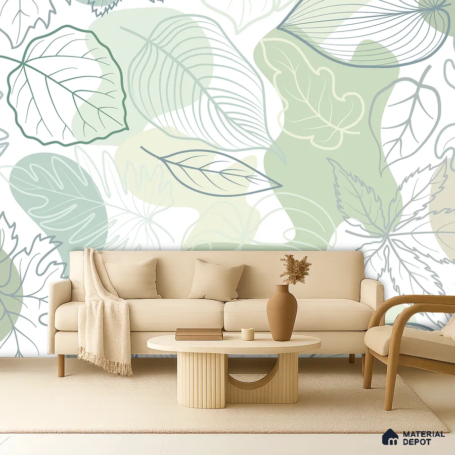 Scandinavian living room with pastel leaf patterned wallpaper and beige upholstery in Bengaluru