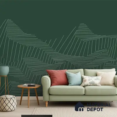 Scandinavian living room with sage green geometric wallpaper and pastel upholstery in Bengaluru
