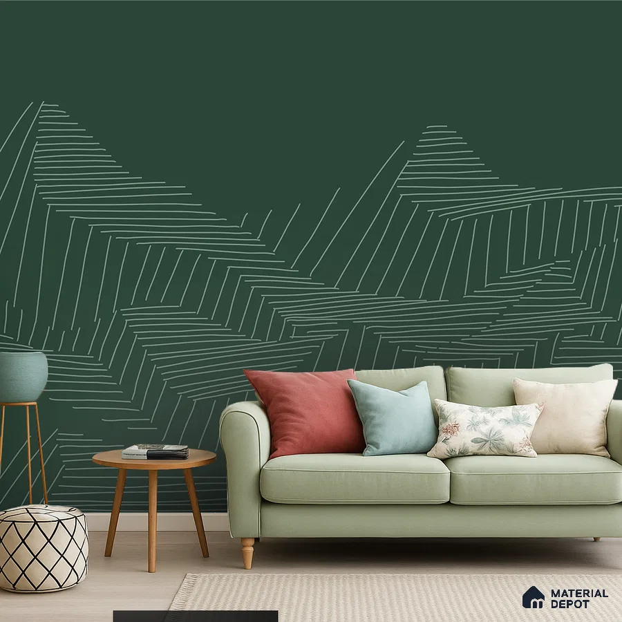 Scandinavian living room with sage green geometric wallpaper and pastel upholstery in Bengaluru