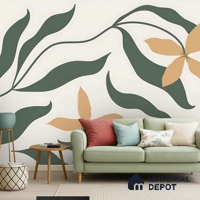 Scandinavian living room with sage green sofa and large floral patterned wallpaper in Bengaluru