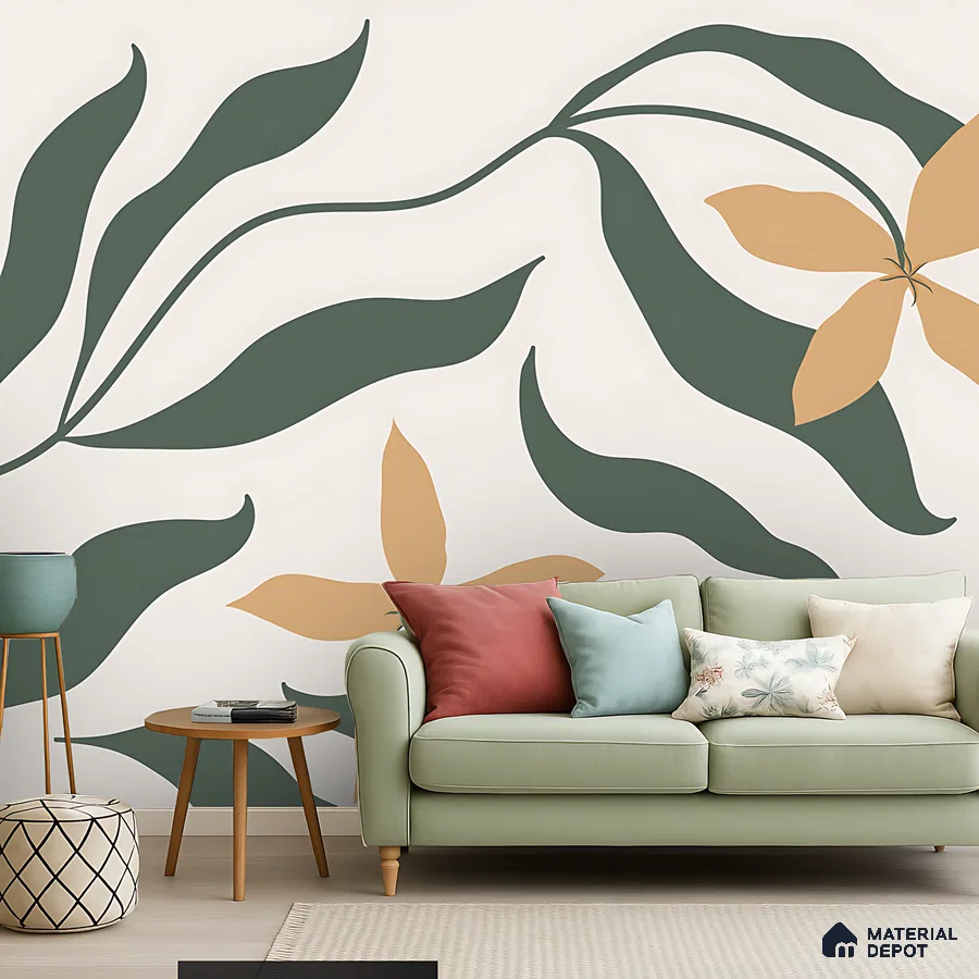 Scandinavian living room with sage green sofa and large floral patterned wallpaper in Bengaluru