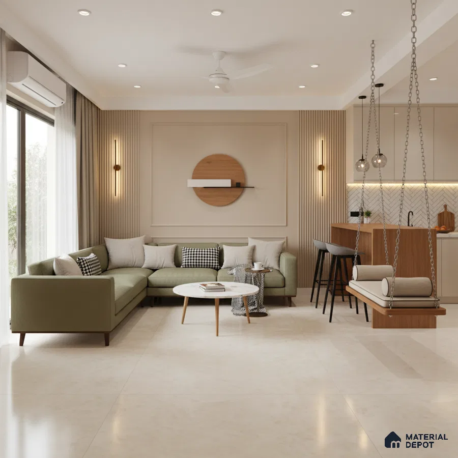 Scandinavian living room with sage green sofa, beige marble floor tiles, and oak wood accents in Bengaluru