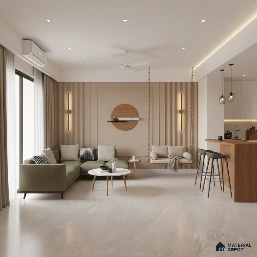 Scandinavian living room with sage green sofa, light wood fluted wall panels, and marble look floor tile in Bengaluru