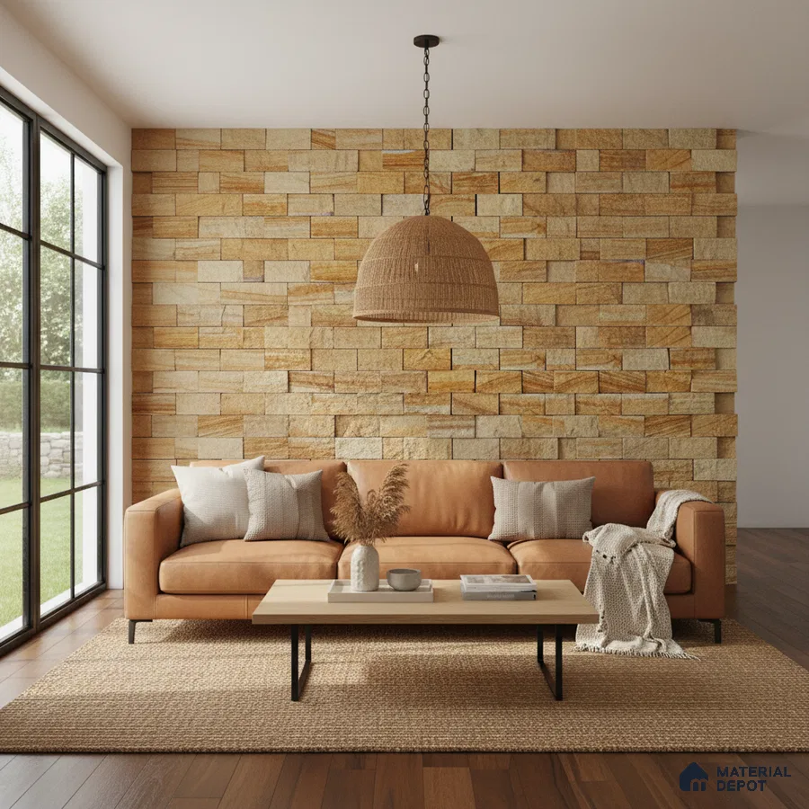 Scandinavian living room with sandstone wall cladding, tan leather sofa, and wooden flooring in Bengaluru