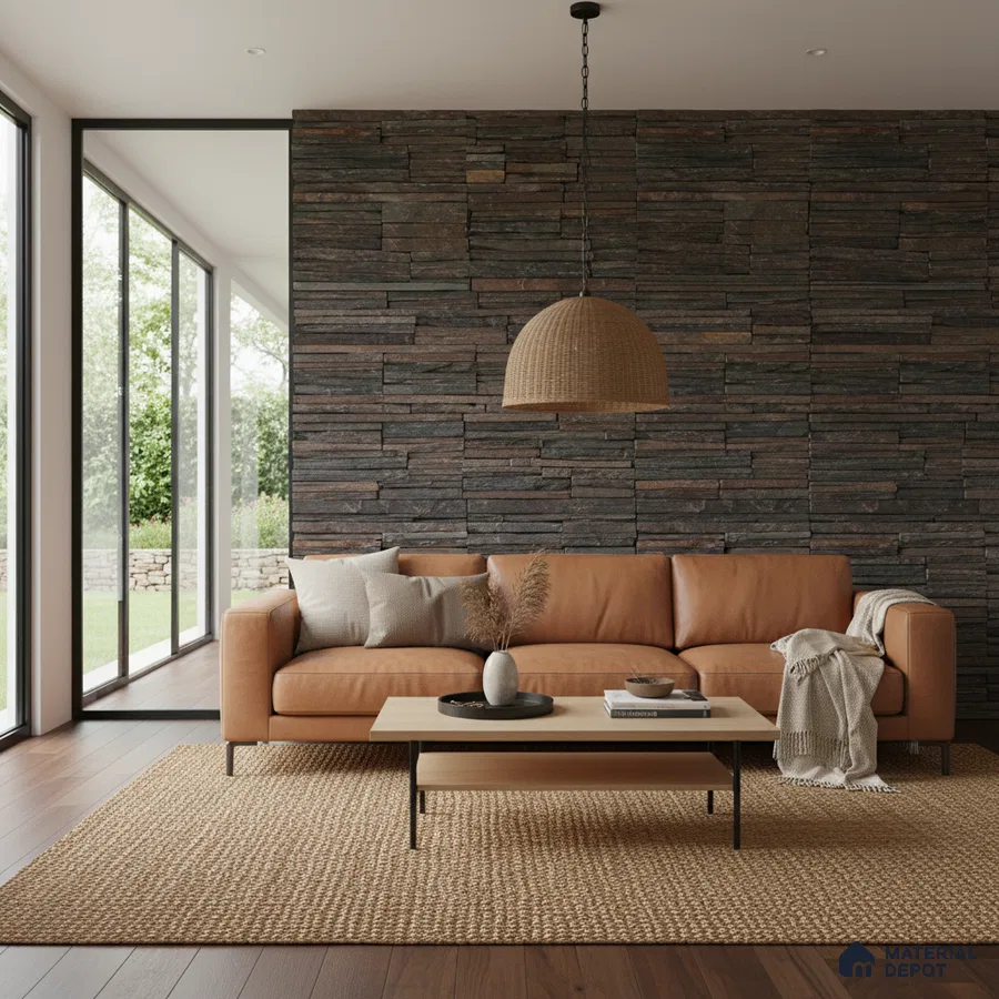 Scandinavian living room with stacked stone cladding, tan leather sofa, and wooden flooring in Bengaluru