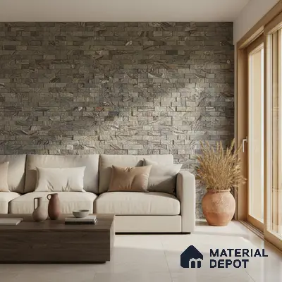 Scandinavian living room with stone cladding accent wall and beige ceramic floor tiles in Bengaluru