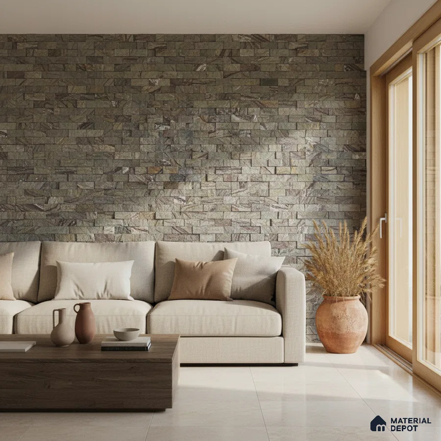Scandinavian living room with stone cladding accent wall and beige ceramic floor tiles in Bengaluru