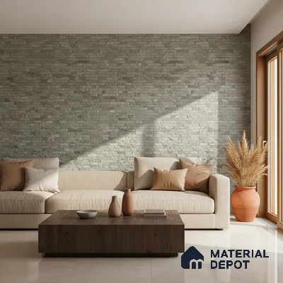 Scandinavian living room with stone cladding accent wall and beige fabric sofa in Bengaluru