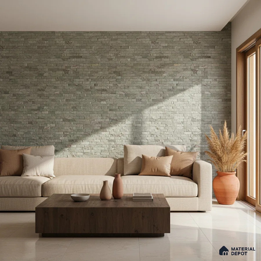 Scandinavian living room with stone cladding accent wall and beige fabric sofa in Bengaluru