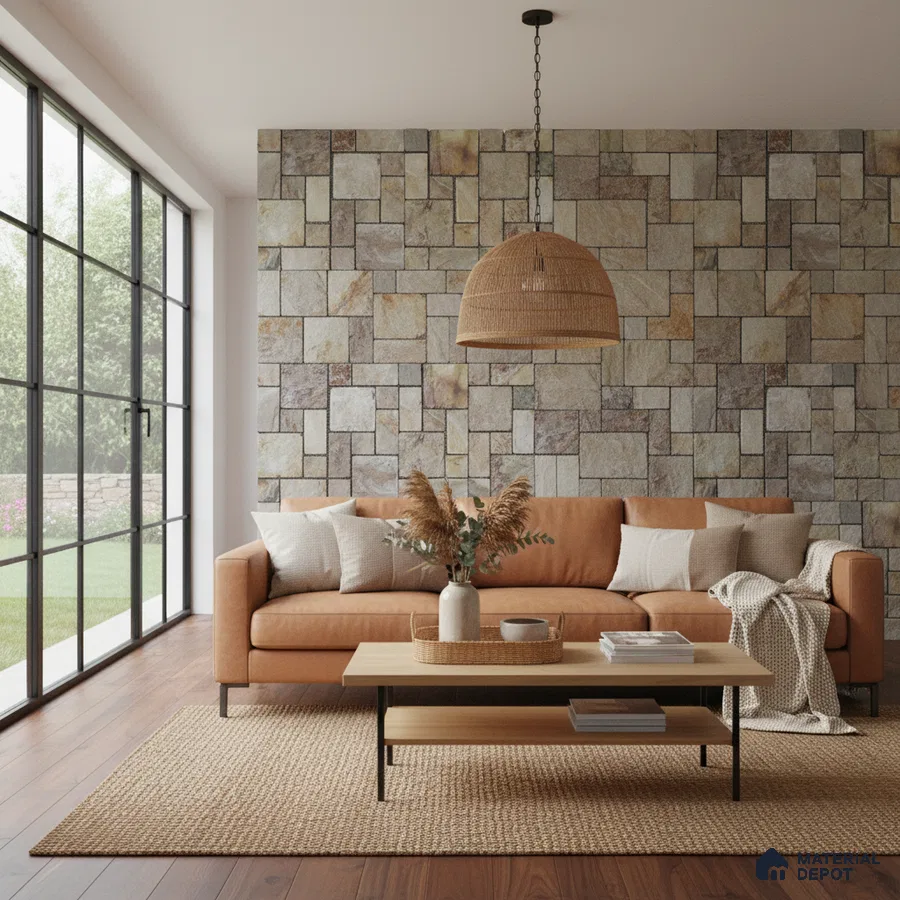 Scandinavian living room with stone cladding accent wall and tan leather sofa in Bengaluru